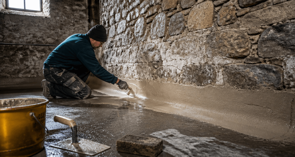 Cuvelage mur enterré enduit sur mur pierre
