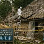 Ouvrier retire éverite toiture amiantée chantier sécurisé