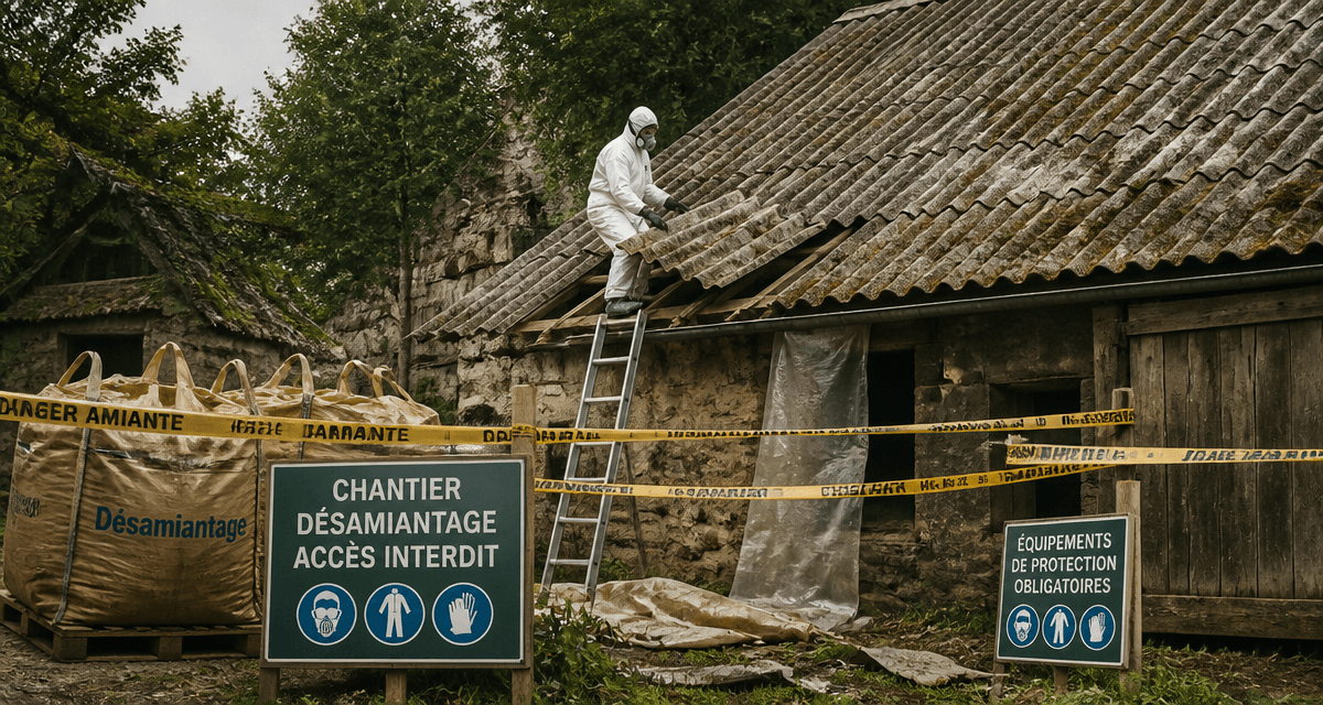 Ouvrier retire éverite toiture amiantée chantier sécurisé