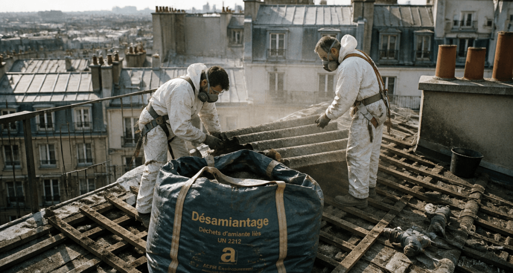 désamiantage toiture fibro Paris ouvriers big-bag