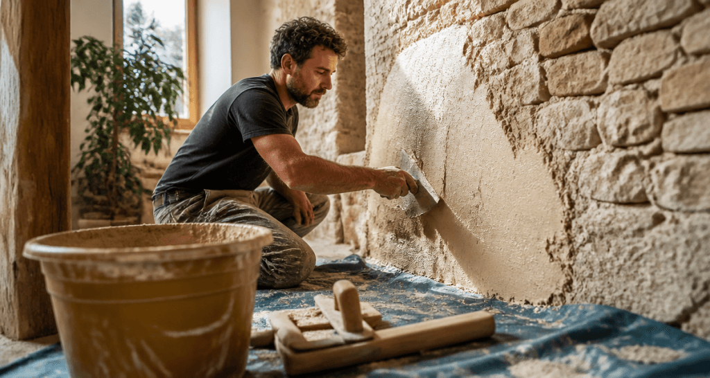 enduit correcteur thermique appliqué sur mur de pierre