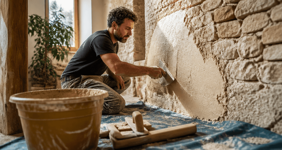 enduit correcteur thermique appliqué sur mur de pierre