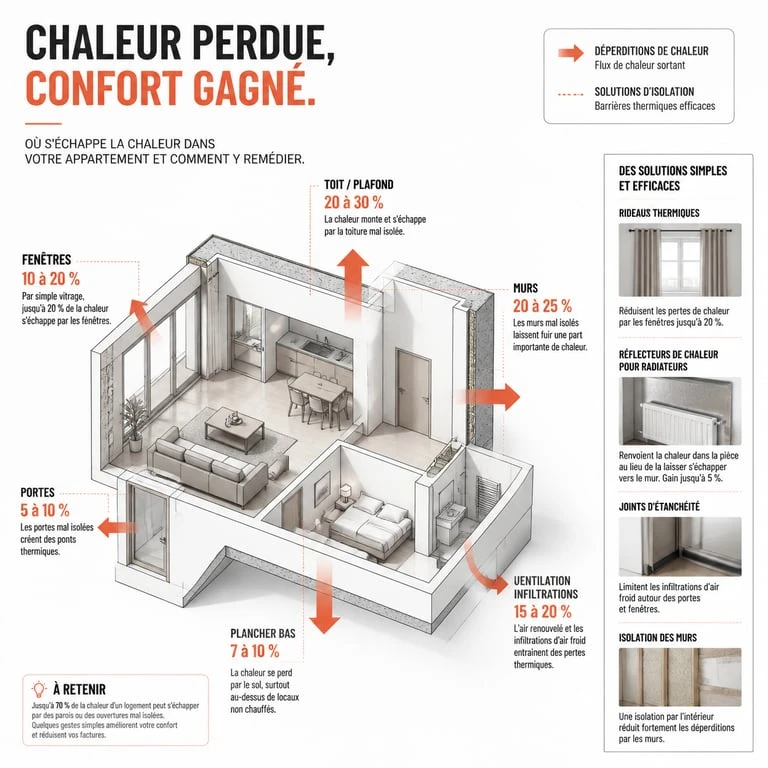 Schéma des points de déperdition de chaleur pour chauffer un appartement mal isolé