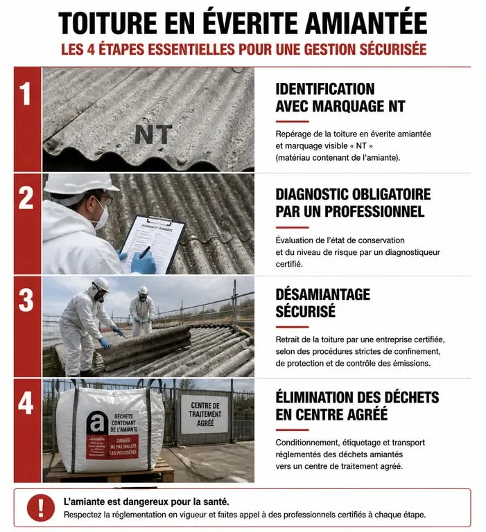 Infographie des étapes de gestion et de remplacement d'une toiture en éverite amiantée