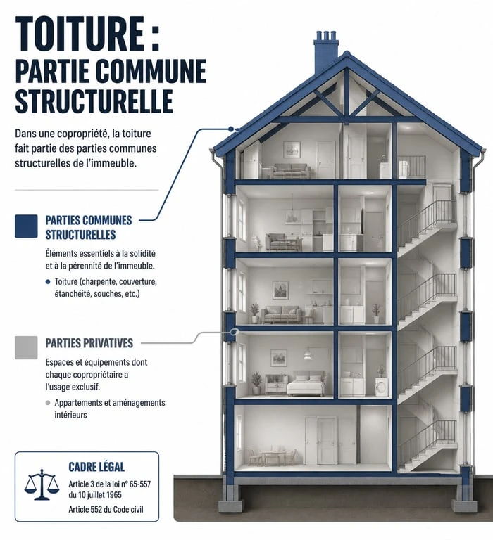 Schéma illustrant la distinction entre le toit partie commune et les parties privatives dans une copropriété