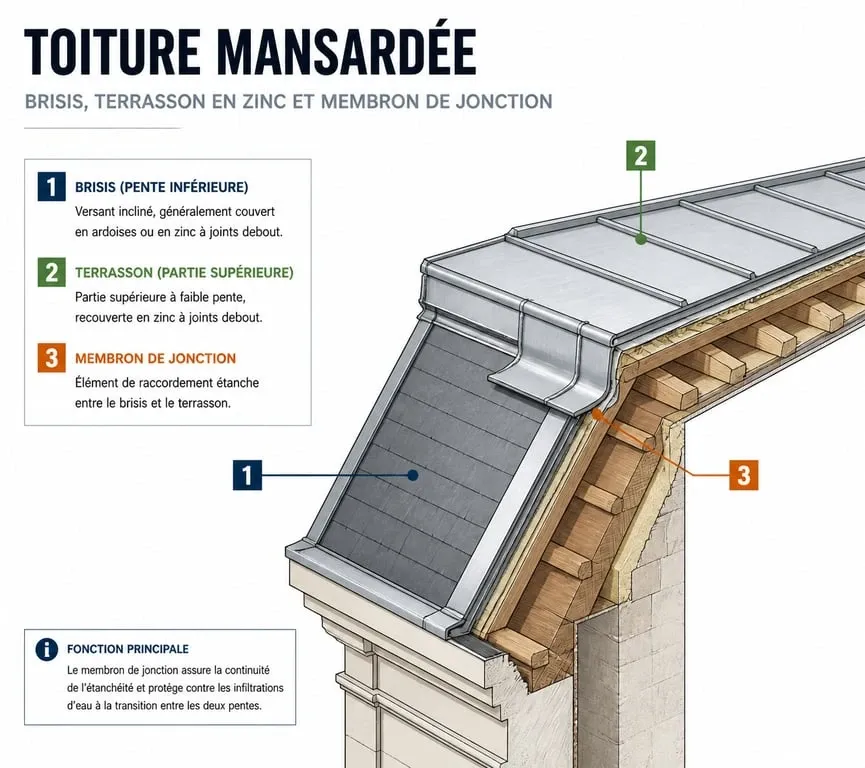 Schéma technique de la structure d'un toit mansardé avec terrasson en zinc et membron