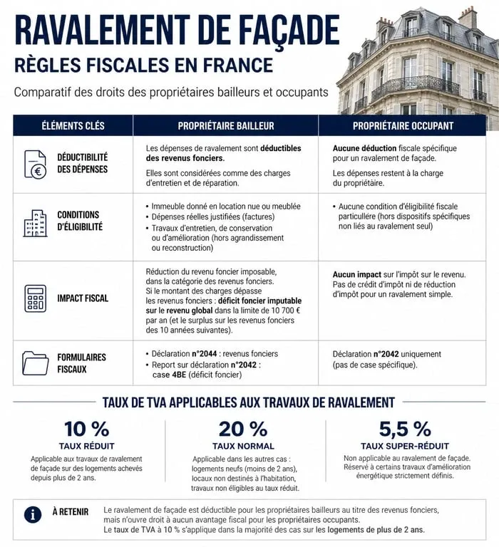Infographie récapitulative des avantages fiscaux et démarches pour un ravalement de façade