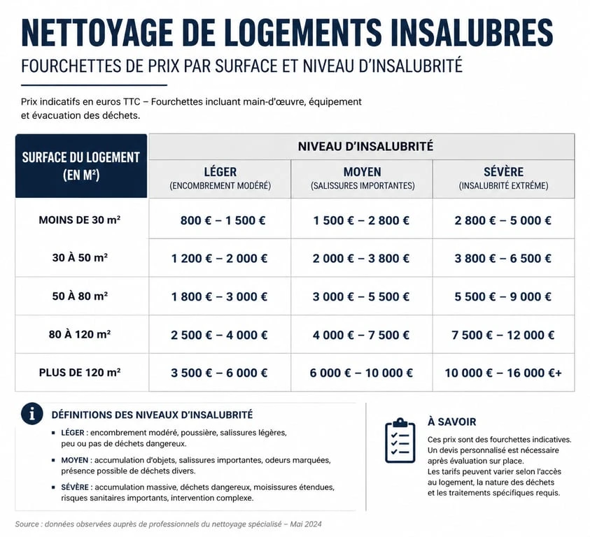 Tableau récapitulatif des tarifs de nettoyage de maison insalubre selon la surface et le niveau d'insalubrité