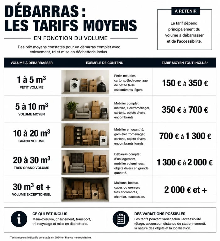 Infographie des tarifs moyens pour un devis de débarras selon le volume
