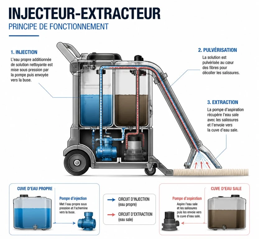 Schéma de fonctionnement d'un injecteur extracteur pour nettoyage de moquette