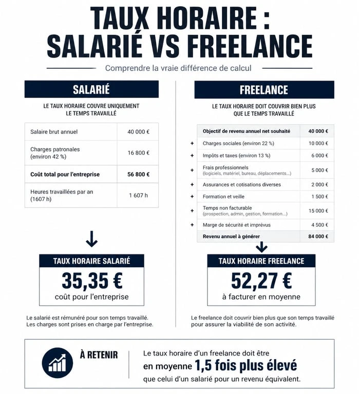 Infographie explicative sur comment calculer son taux horaire pour salarié et freelance