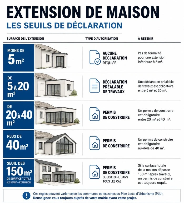 Infographie des seuils administratifs pour une extension de maison
