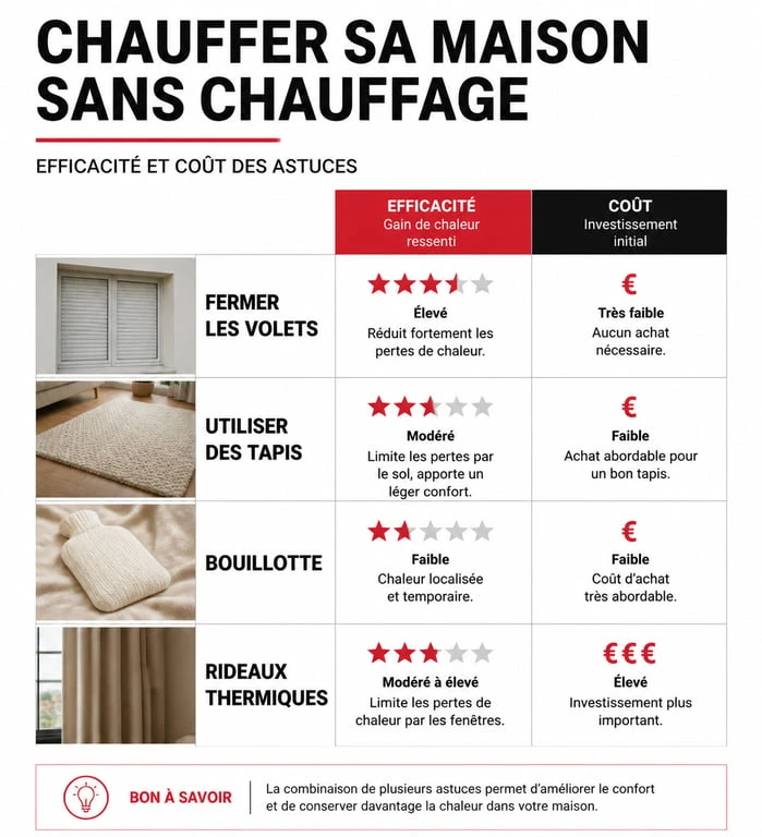 Infographie comparative des astuces pour chauffer une maison sans chauffage