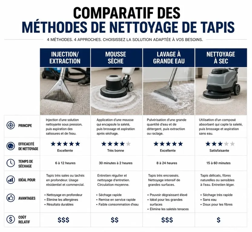 Comparatif des méthodes professionnelles pour faire nettoyer un tapis : injection, mousse sèche, lavage à grande eau et nettoyage à sec.