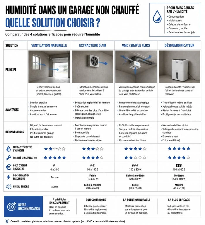 Infographie comparative des solutions pour réduire l'humidité dans un garage non chauffé