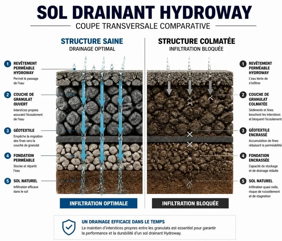 Coupe transversale d'un sol drainant Hydroway montrant la différence entre une structure saine et une structure colmatée.