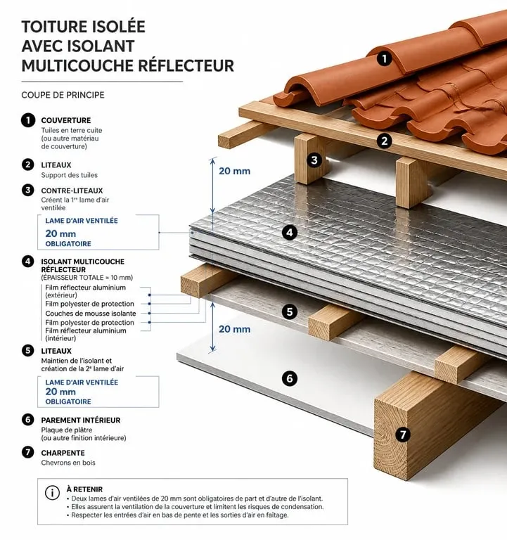 Schéma de pose d'un isolant triso toiture avec lames d'air pour une efficacité thermique optimale