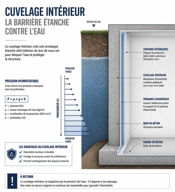 Schéma explicatif du cuvelage de mur contre la pression hydrostatique