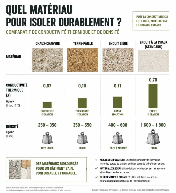 Comparatif des performances thermiques des enduits correcteurs : chaux-chanvre, terre-paille et liège