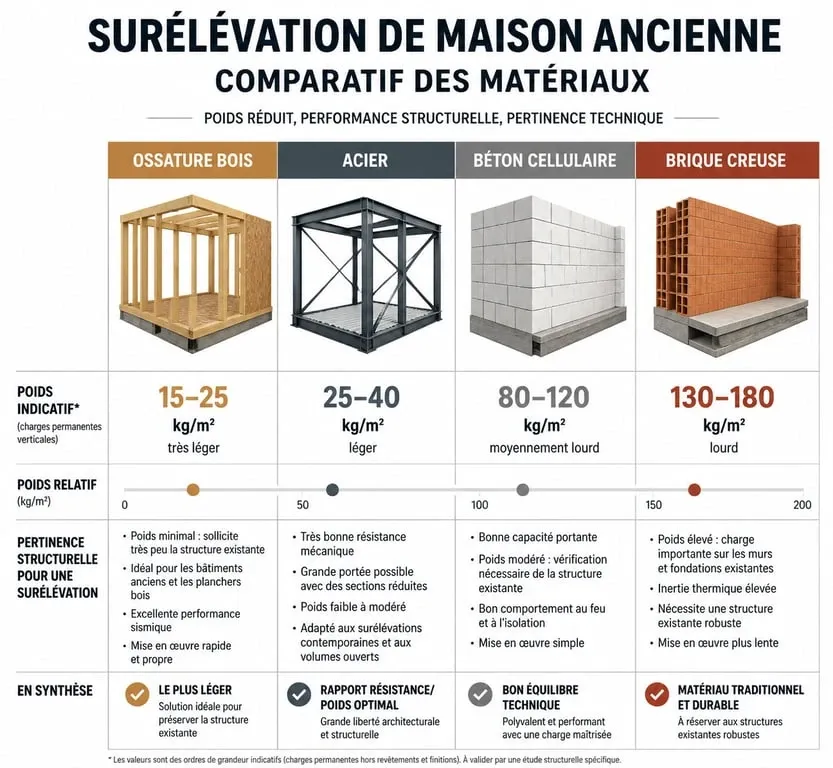 Comparatif des matériaux pour une surélévation de maison ancienne : poids et avantages structurels