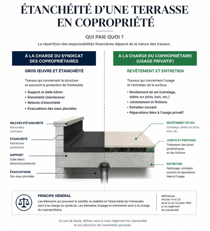 Infographie répartition des charges étanchéité terrasse privative copropriété
