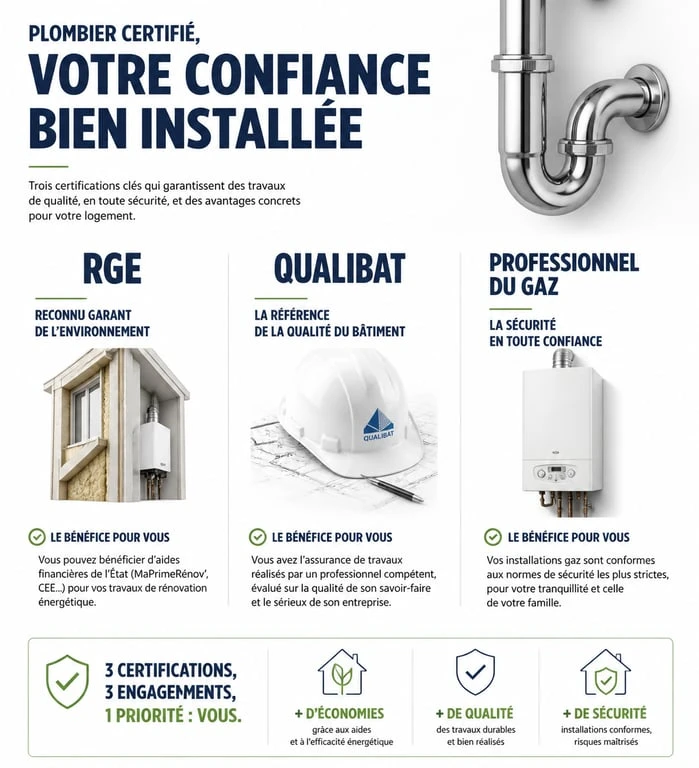 Infographie des certifications de qualité pour un plombier : RGE, Qualibat et Professionnel du Gaz pour identifier un artisan fiable.