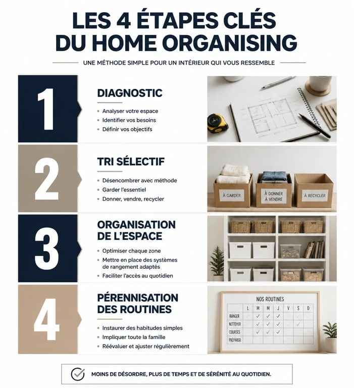 Infographie des étapes de l'aide au rangement maison et home organising