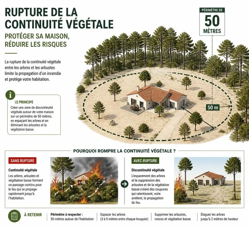 Schéma explicatif des obligations légales de débroussaillement et distances de sécurité autour d'une habitation