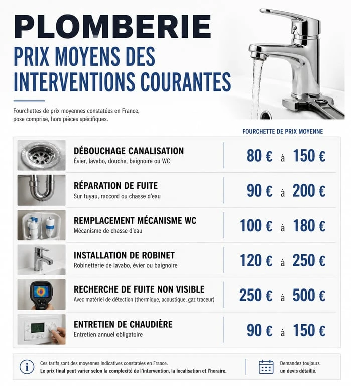 Infographie des prix moyens d'un artisan plombier pour différents types d'interventions