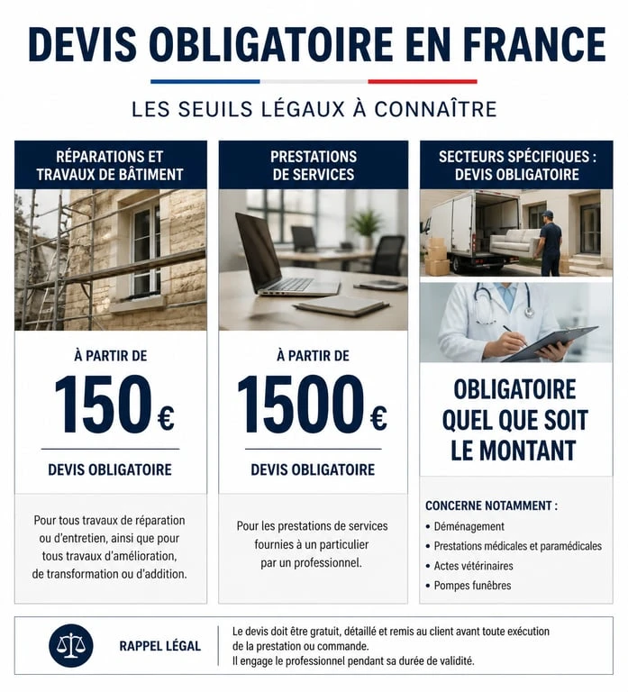 Infographie des seuils légaux pour le devis obligatoire en France