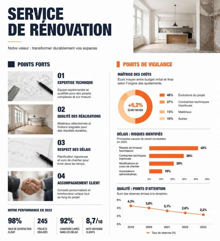 Infographie des points forts et points de vigilance du service Renovation Man pour vos travaux de rénovation