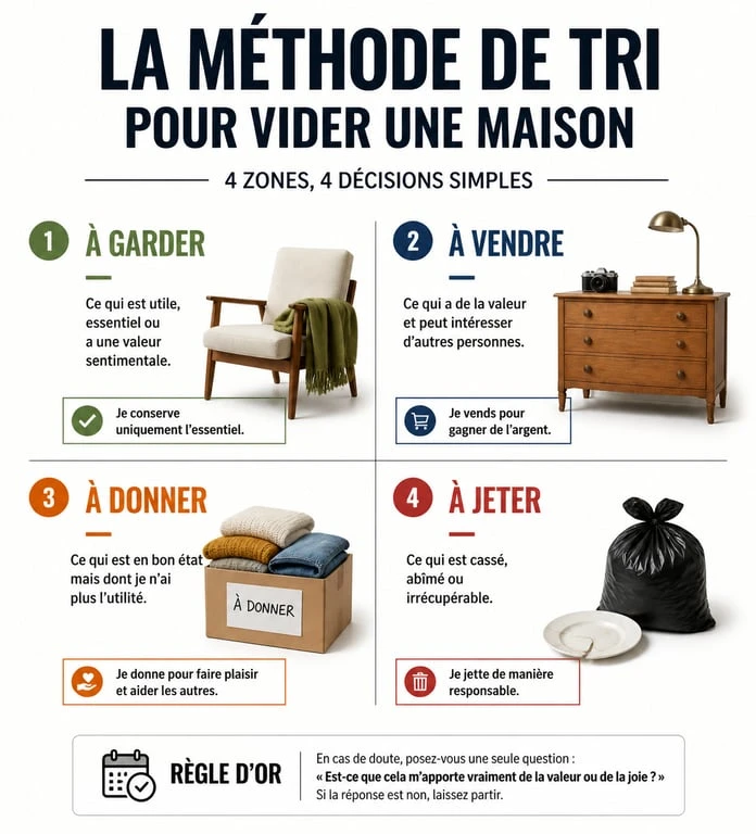 Méthode de tri pour vider une maison : étapes pour garder, vendre, donner ou jeter des objets.