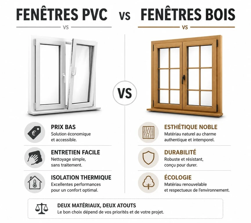 Comparatif visuel des avantages des fenêtres en PVC ou bois pour la rénovation