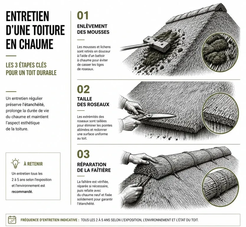 Techniques d'entretien d'un toit de chaume : démoussage, arasement et réfection du faîtage