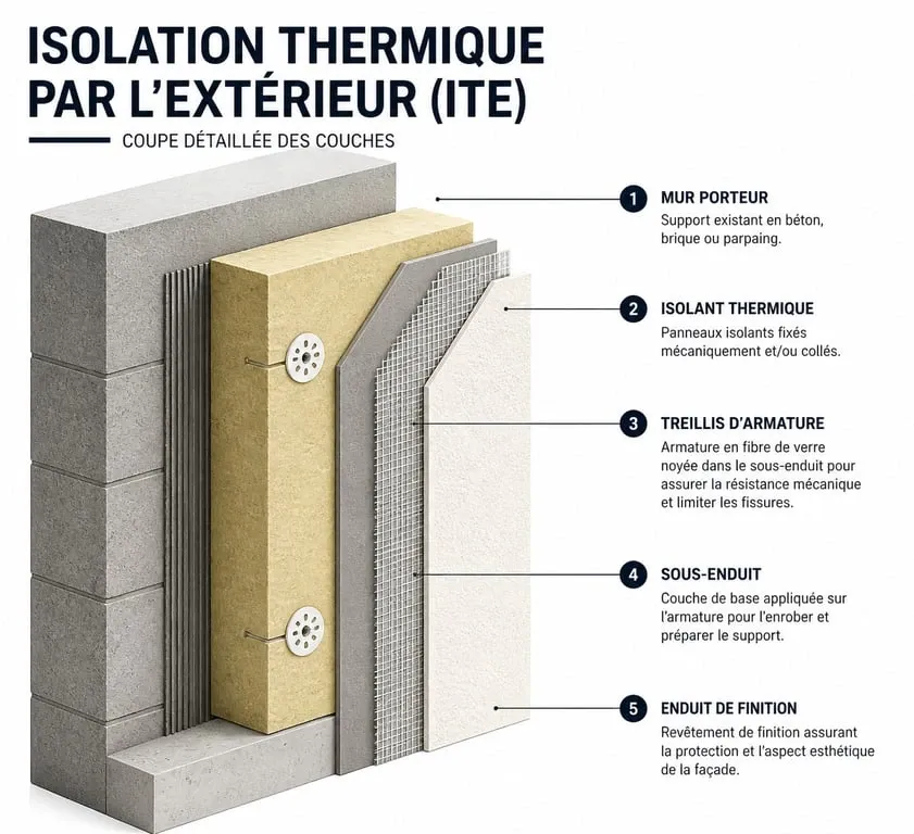 Schéma technique des couches d'une isolation thermique par l'extérieur ITE