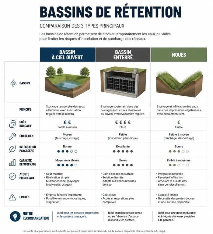 Infographie comparative des solutions de gestion des eaux pluviales : bassin de rétention à ciel ouvert, enterré et noues