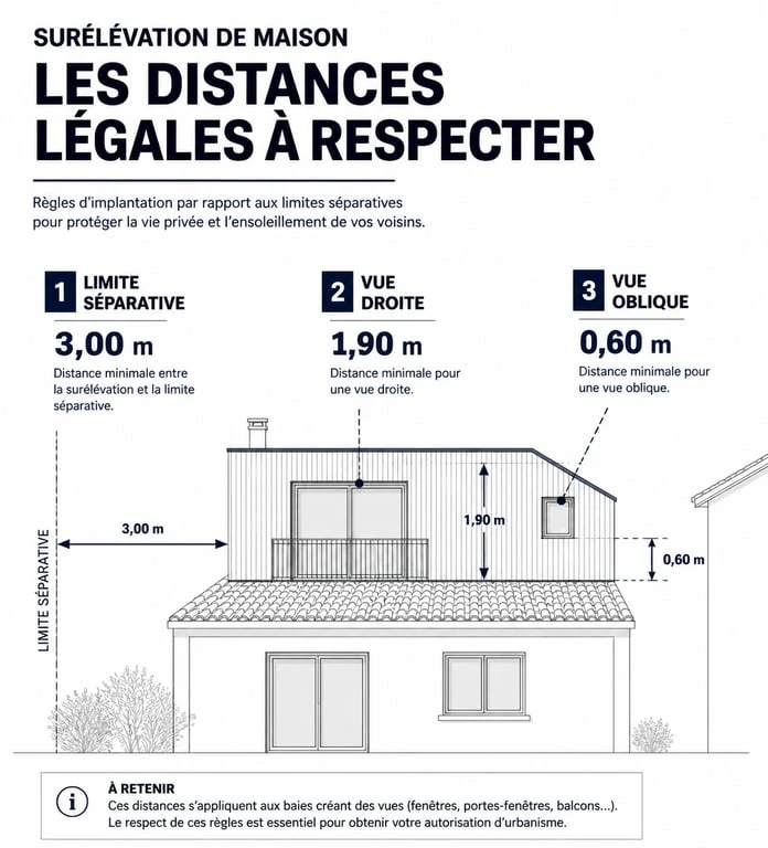 Schéma des distances légales pour un projet de surélévation de maison et voisinage