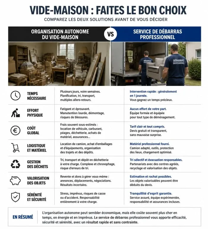 Comparatif vide-maison autonome vs débarras professionnel en Dordogne