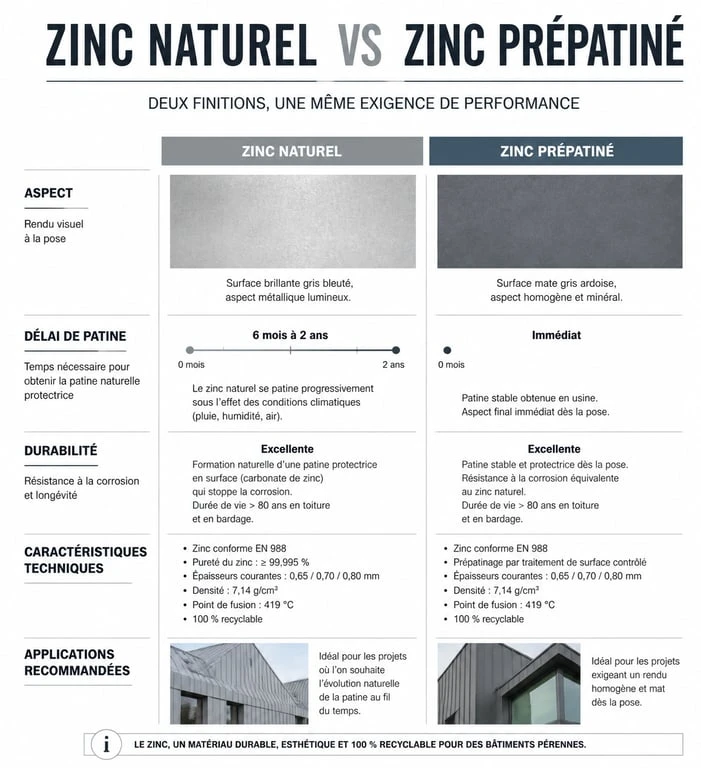 Comparatif technique entre le zinc naturel et le zinc prépatiné pour toitures et façades