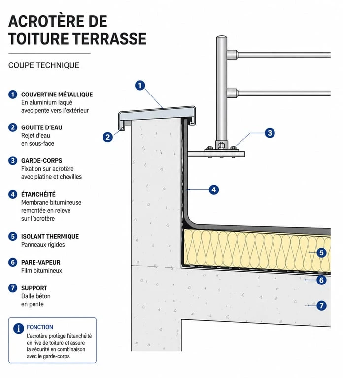Schéma technique en coupe d'un acrotère de toiture terrasse avec étanchéité et couvertine