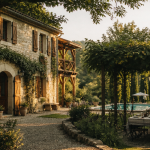 maison bardé façade pierre jardin piscine
