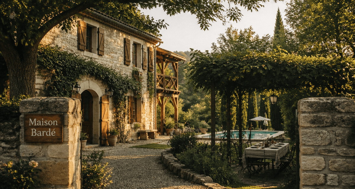 maison bardé façade pierre jardin piscine