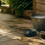 nettoyer dalle de terrasse avec balai brosse et eau savonneuse