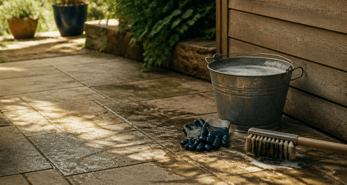nettoyer dalle de terrasse avec balai brosse et eau savonneuse