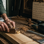 raboter bois sur établi avec outils et copeaux