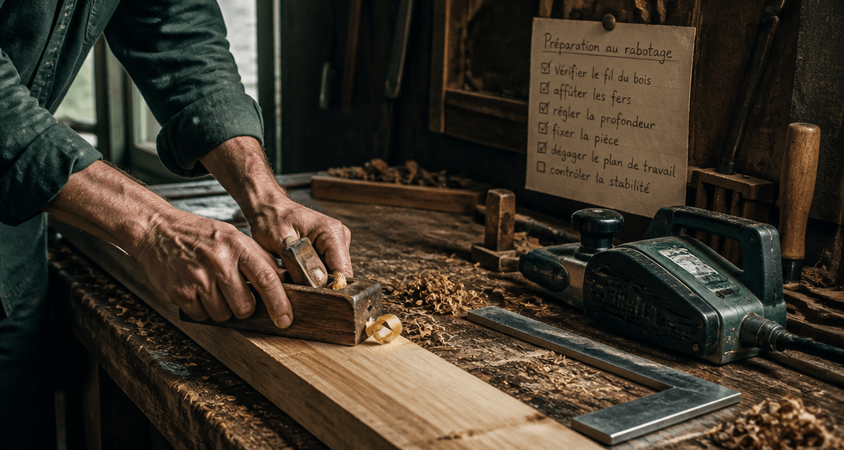 raboter bois sur établi avec outils et copeaux