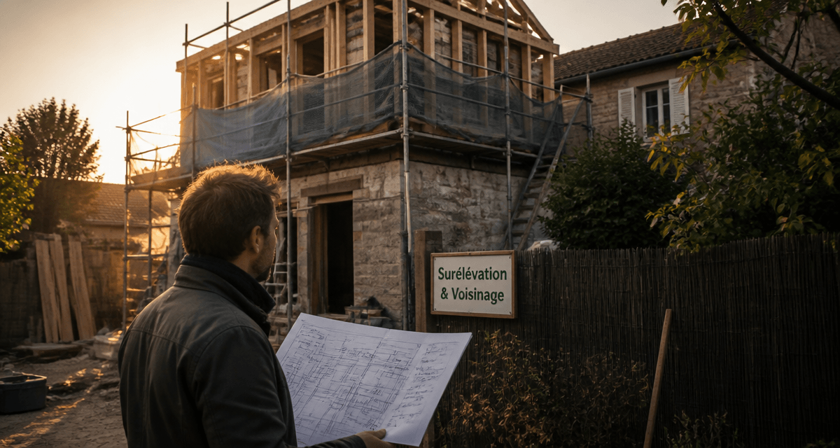 Surélévation maison et voisinage, architecte devant chantier