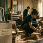Vidage maison équipe trie objets salon