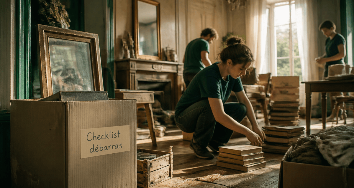 Vidage maison équipe trie objets salon