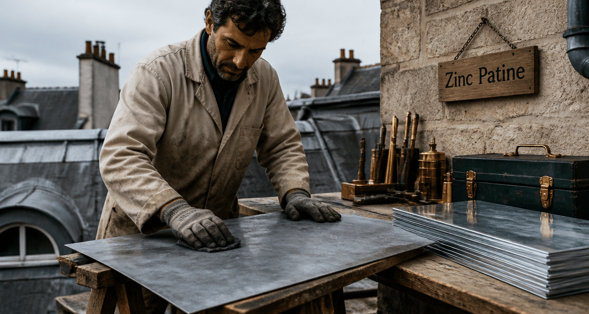 zinc patine couvreur main feuille